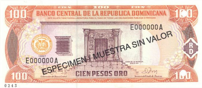 Dominican Republic - 100 Pesos Oro - P-156s1 - 1997 dated Foreign Paper Money