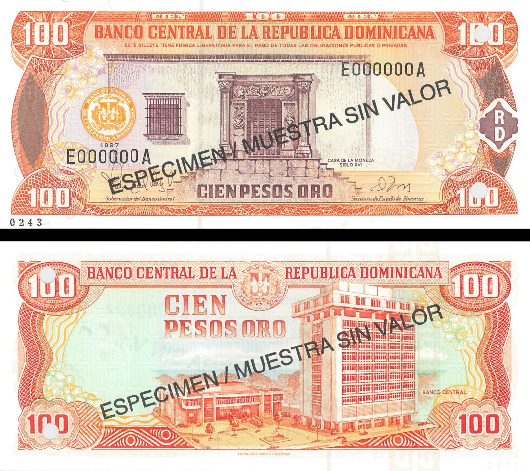 Dominican Republic - 100 Pesos Oro - P-156s1 - 1997 dated Foreign Paper Money