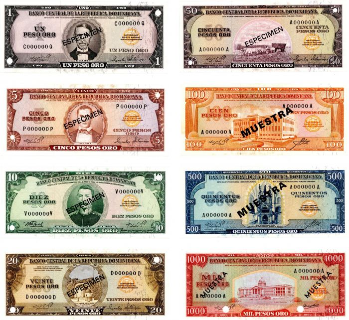 Dominican Republic - Various Pick#'s Set of 8 (1-1000 Peso Oro)- 1964 dated Foreign Paper Money