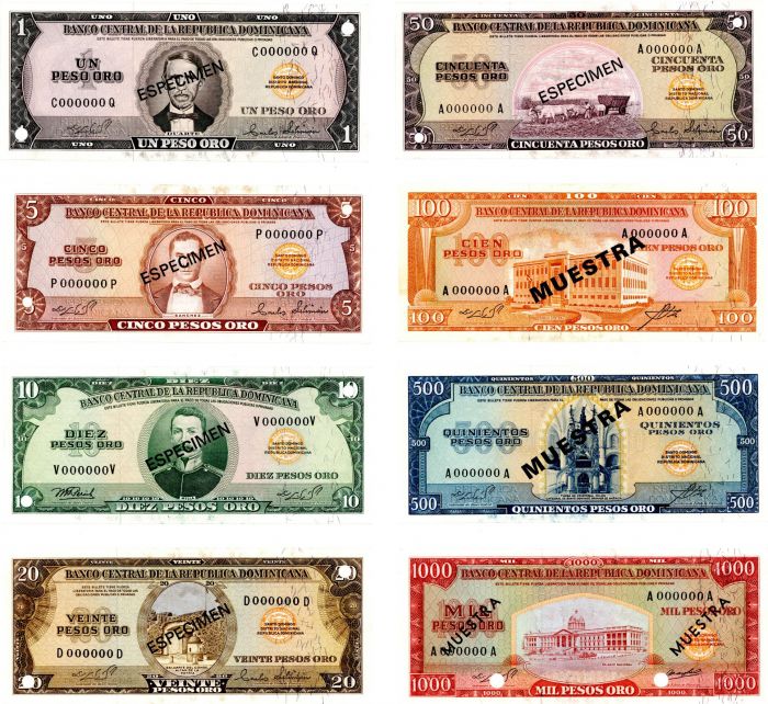 Dominican Republic - Various Pick#'s Set of 8 (1-1000 Peso Oro)- 1964 dated Foreign Paper Money