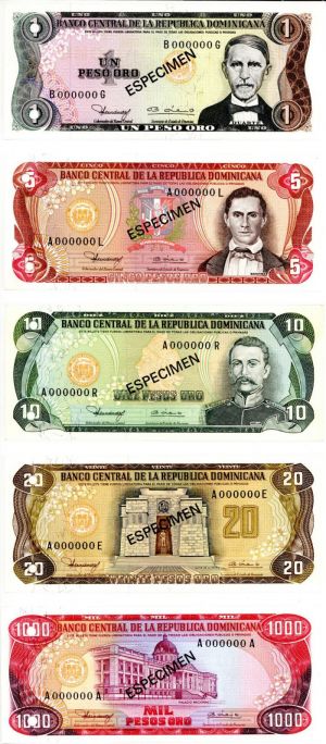 Dominican Republic -  Set of 5 (1-1000 Pesos Oro) - P-117s1-120s1, 124s1 - 1980 dated Foreign Paper Money