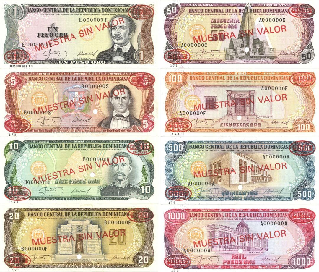 Dominican Republic - Set of 8 (1-1000m Pesos Oro) - P-118s2-124s2, 126s2 - 1987 dated Foreign Paper Money