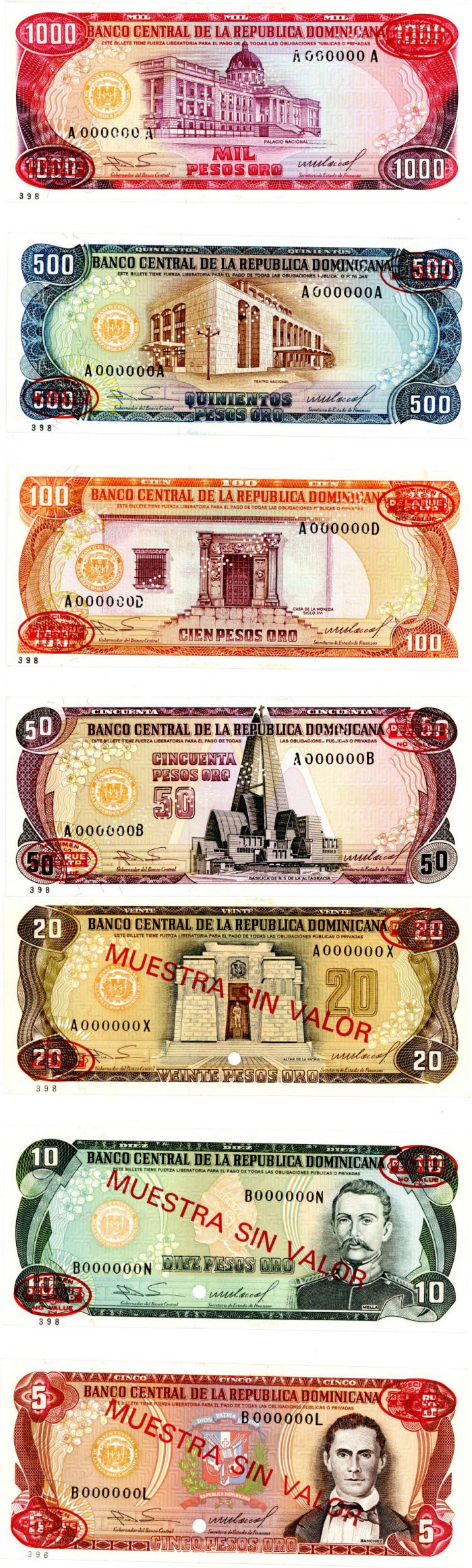 Dominican Republic - Set of 7 (5-1000 Pesos Oro) - P-118s-P124s - 1985 dated Foreign Paper Money
