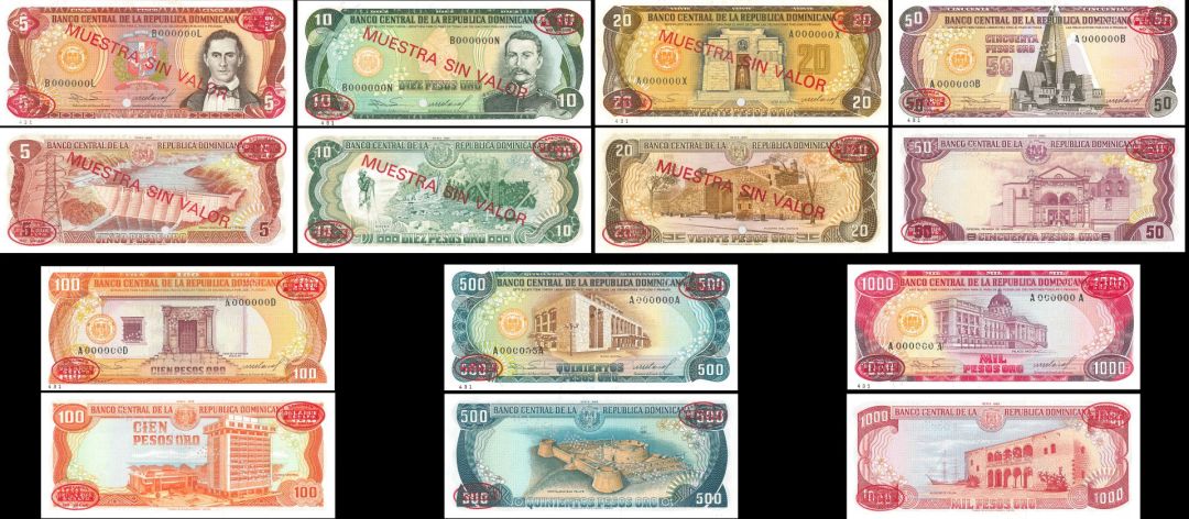 Dominican Republic - Set of 7 (5-1000 Pesos Oro) - P-118s-P124s - 1985 dated Foreign Paper Money