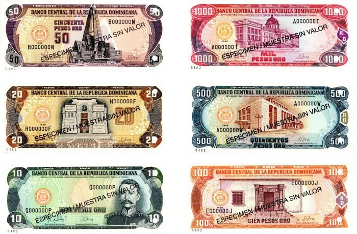 Dominican Republic - 6 piece set (10-1000 Pesos) - P-153s to 158s - 1998 dated Foreign Paper Money