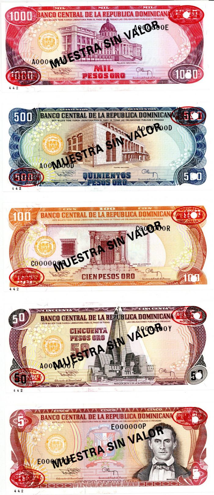 Dominican Republic - Set of 5 (5,50,100,500,1000 Pesos Oro) - P-146 and 4 unlisted - 1994 dated Foreign Paper Money