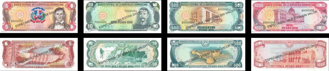Dominican Republic - Set of 4 (5,10,500,1000 Pesos Oro) - P-152s1, 153s1, 157s1 and P-158s1 - 1996 dated Foreign Paper Money