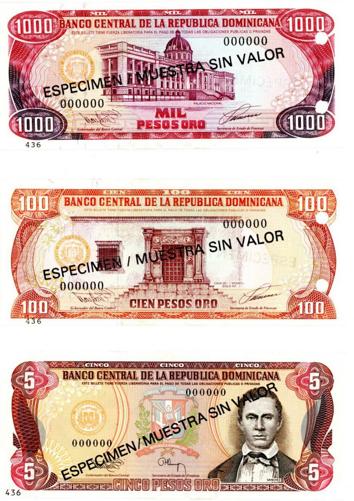 Dominican Republic - Set of 3 (5,100,1000 Pesos Oro) - P-143s, 144s, and P-145s - 1993 dated Foreign Paper Money