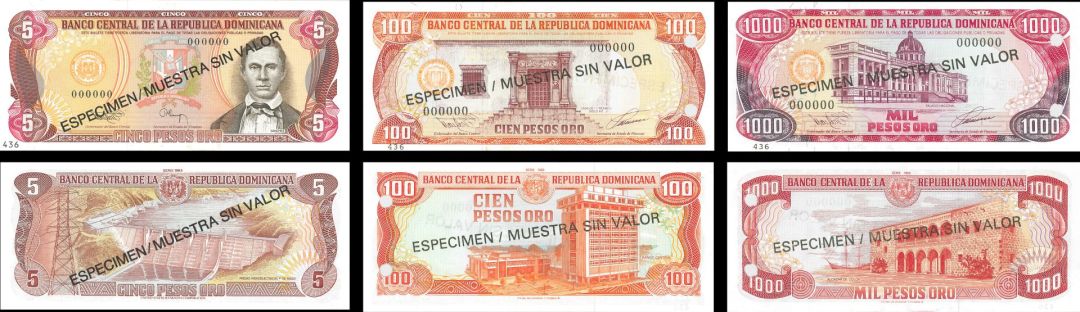 Dominican Republic - Set of 3 (5,100,1000 Pesos Oro) - P-143s, 144s, and P-145s - 1993 dated Foreign Paper Money