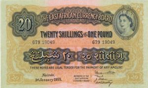 East Africa - 20 Shillings - 1 Pound P-35 - 1.1.1955 dated  Foreign Paper Money