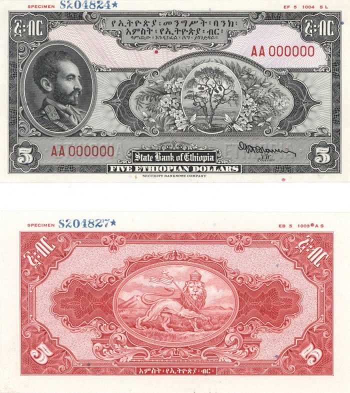 Ethiopia - 5 Ethiopian Dollars - P-13a s1 - dated 1945 Foreign Paper Money