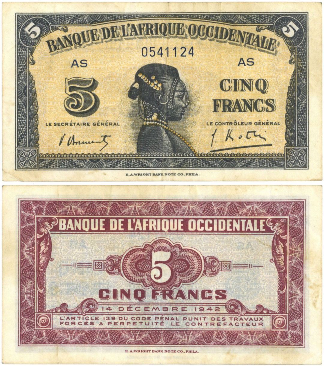 French West Africa - 5 French West African Francs - P-28b - 1942-1943 dated Foreign Paper Money