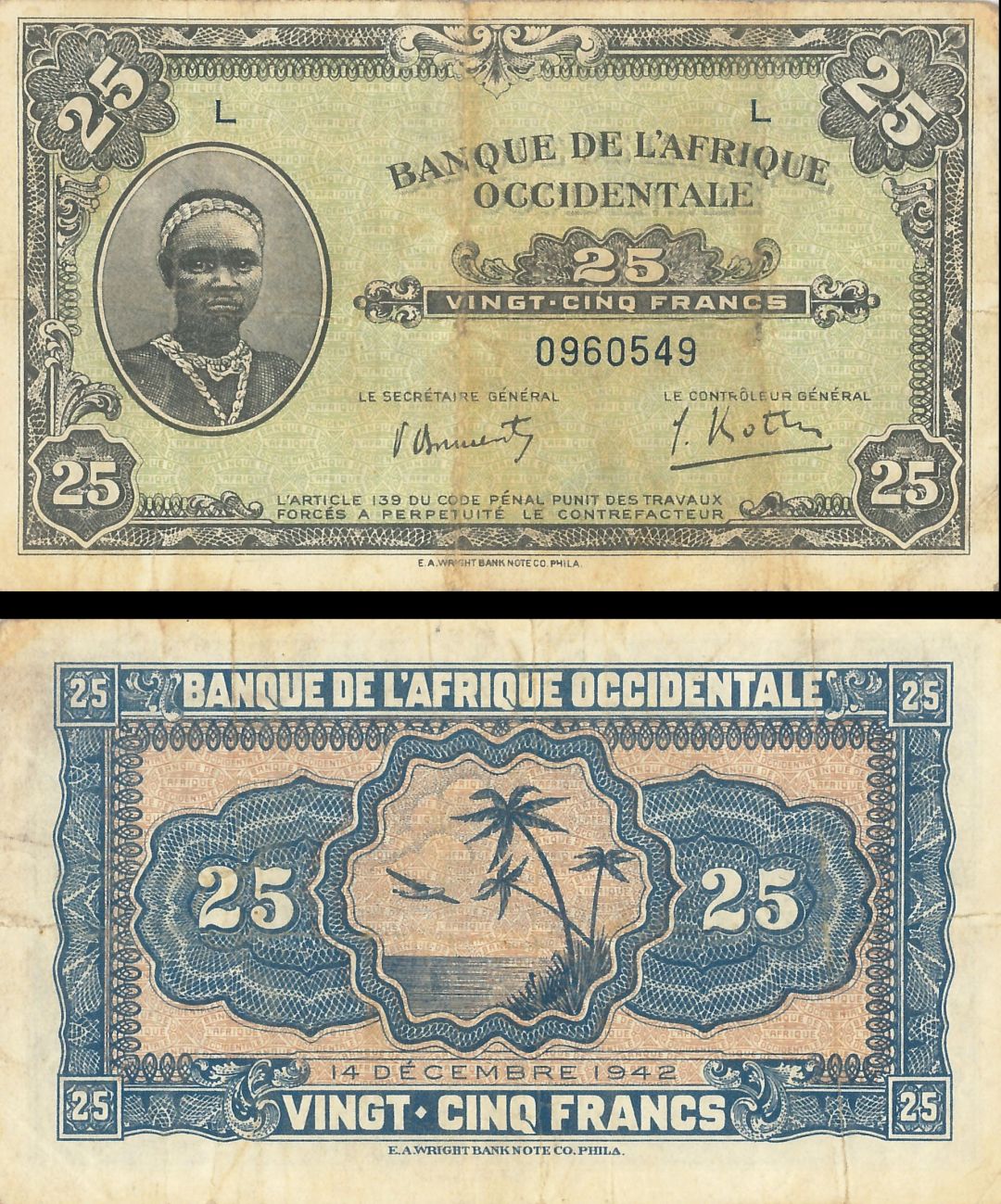 French West Africa - 25 Francs - P-30a - 1942-43 dated Foreign Paper Money
