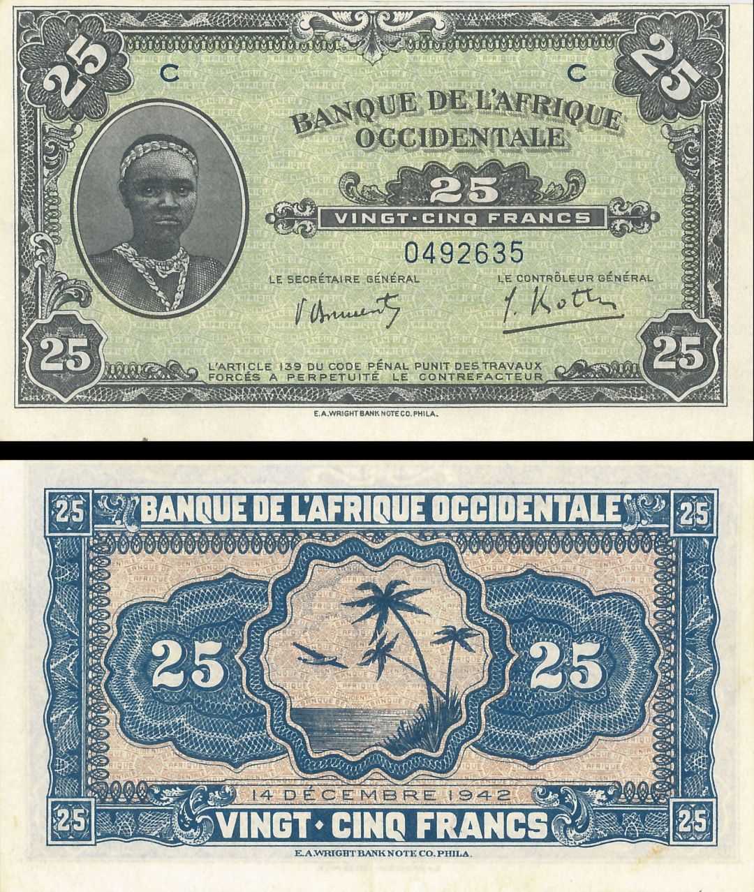 French West Africa - 25 Francs - P-42 - dated 24.11.1953 Foreign Paper Money