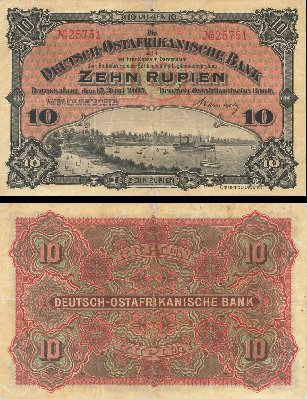 German East Africa - 10 German Rupien - P-2 - dated 15.6.1905 Foreign Paper Money