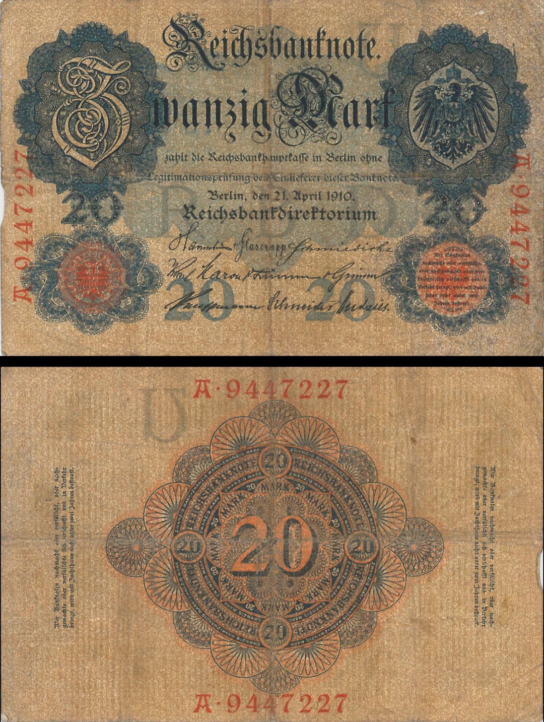 Germany - 20 Mark - P-40b - dated 21.4.1910 Foreign Paper Money