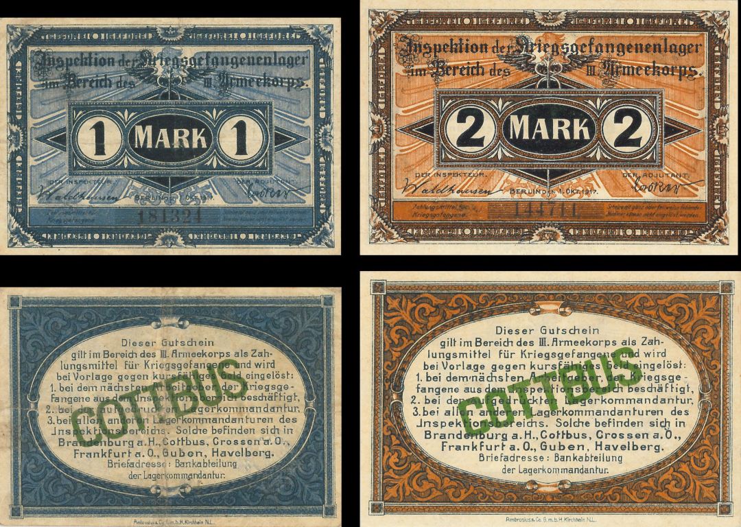 Germany - 1 and 2 German Mark - Campbell 2837 and 2838 - dated Oct 1, 1917 Foreign Paper Money