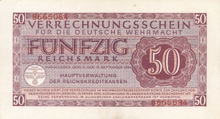 Germany - 50 German Reichsmark - P-M41 - Sept 15, 1944 dated Foreign Paper Money