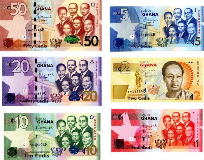 Ghana - Set of 6 Notes - 50, 20, 10, 5, 2, 1 Cedis - 2014-2015 dated Foreign Paper Money