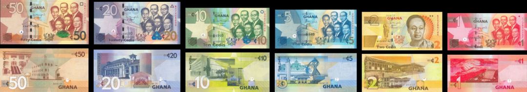 Ghana - Set of 6 Notes - 50, 20, 10, 5, 2, 1 Cedis - 2014-2015 dated Foreign Paper Money