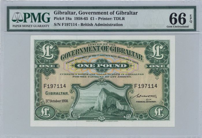 Gibraltar - 1 Pound - P-18a - PMG grade 66 - Oct 3, 1958 dated Foreign Paper Money