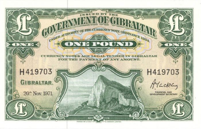 Gibraltar - 1 pound - P-18b - Nov 11, 1971 dated Foreign Paper Money
