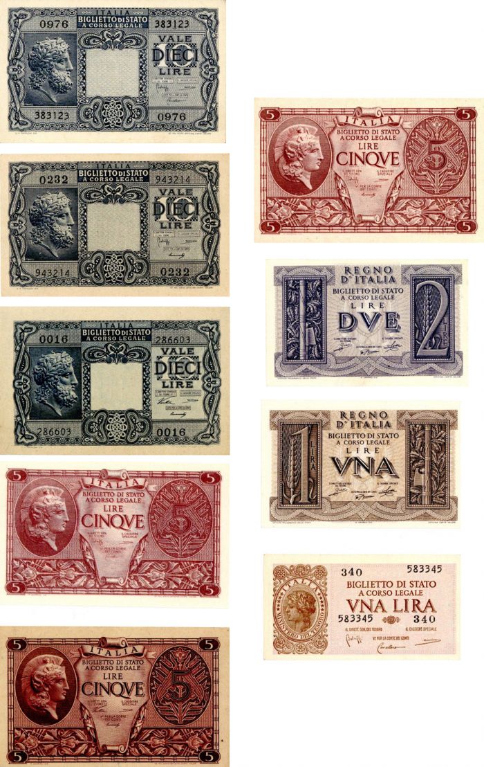 Italy - 1 to 10 Lire - P-2gb to 32c - 1939-44 Foreign Paper Money