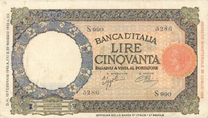 Italy - 50 Lire - P-58 - 1943 dated Foreign Paper Money
