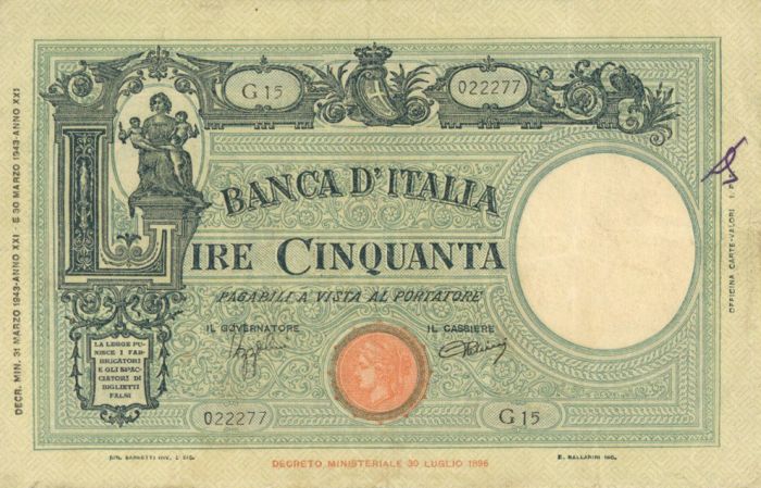 Italy - 50 Lire - P-64 - 1943 dated Foreign Paper Money
