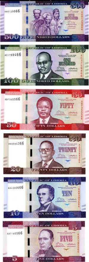 Liberia - 5,10,20,50,100,500  Dollars - P-Set - 2015 dated Foreign Paper Money