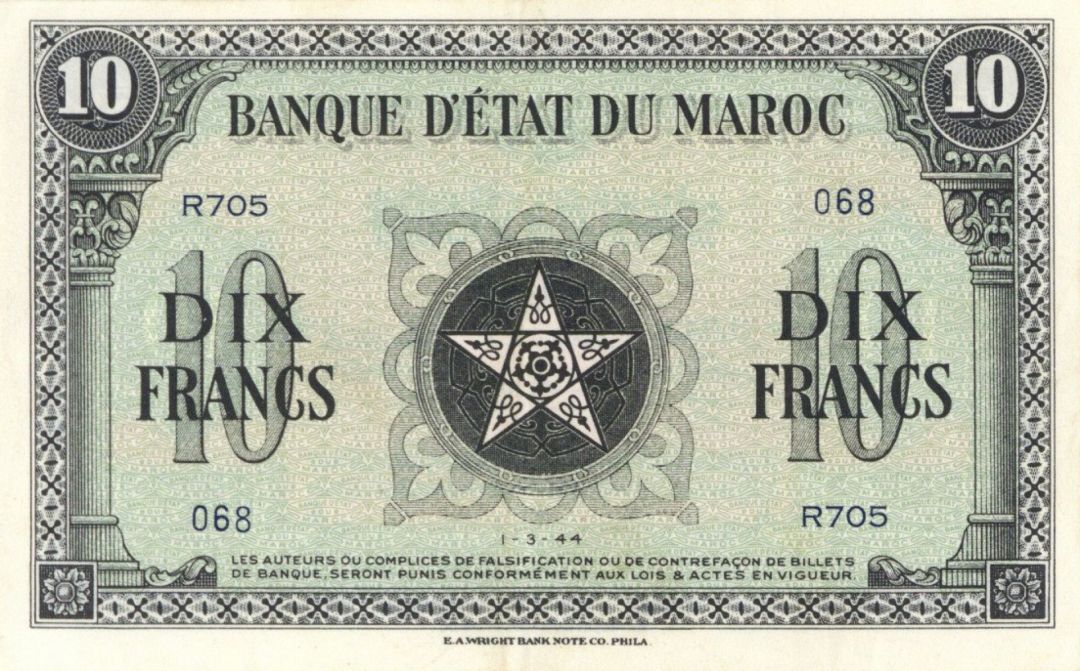 Morocco - 10 Francs - P-25a - 1944 dated Foreign Paper Money