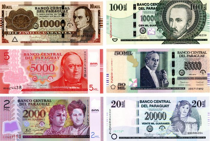 Paraguay - 2000, 5000, 10000, 20000, 50000 and 100000 Guaranies - p-set - 2011-2016(2017) dated Foreign Paper Money