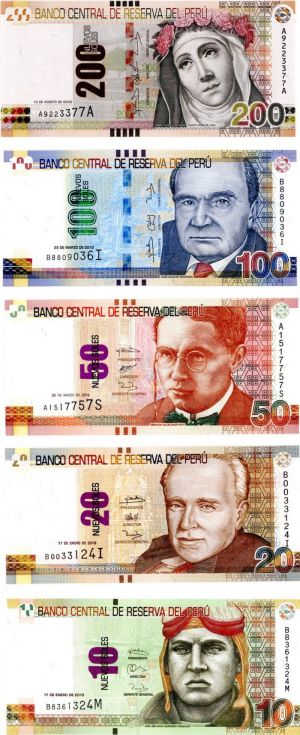 Peru - 10, 20, 50, 100 and 200 Nuevos Soles - P-186-190 - 2009-2013 dated Foreign Paper Money