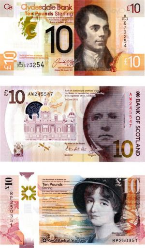 Scotland - Polymer - Set of 3 different banks - 10 Pounds - Foreign Paper Money