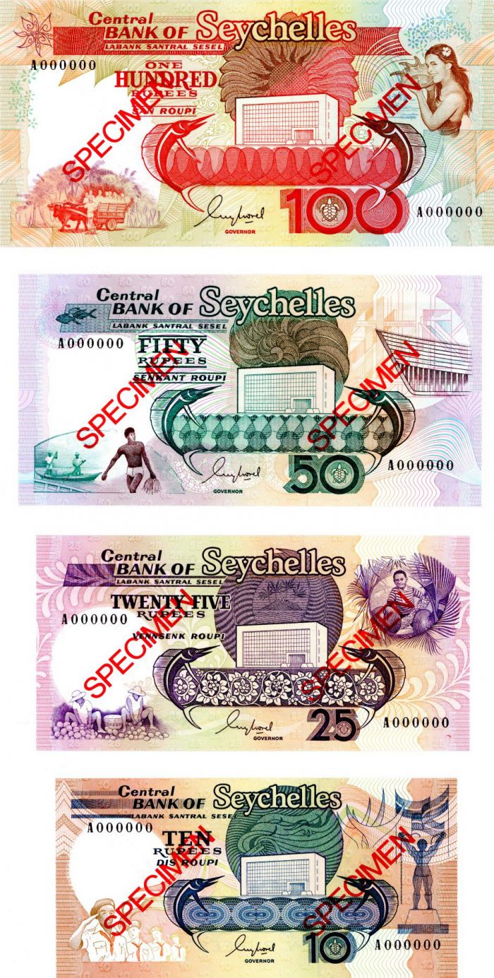 Seychelles - 10, 25, 50, 100 Rupees - P-32s-35s - 1989 dated Foreign Paper Money