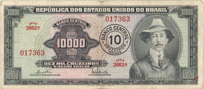 Brazil - 10 Cruzeiros Novos on 10,000 Cruzeiros - P-189c - 1966-67 dated Foreign Paper Money