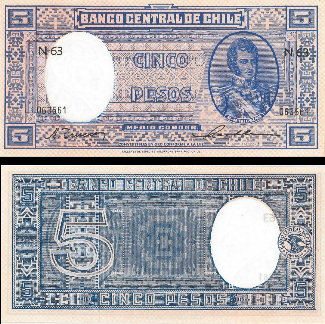 Chile - 5 Pesos - P-119 - 1958-59 dated Foreign Paper Money