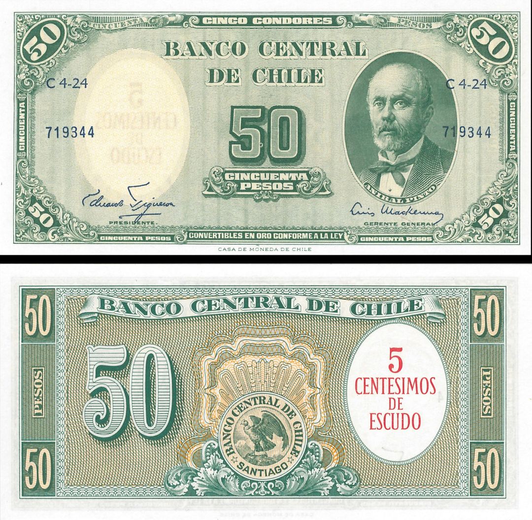 Chile - 5 Centisimos on 50 Pesos - P-126 - 1960-61 dated Foreign Paper Money