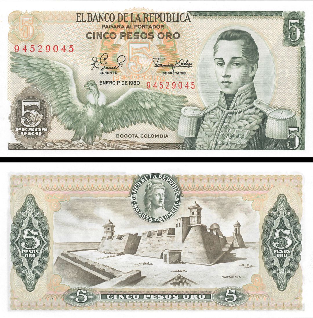 Colombia - 5 Pesos Oro - P-406f - 1980 dated Foreign Paper Money