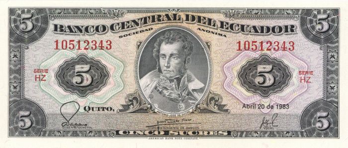 Ecuador - 5 Sucres - P-113d - 1988 dated Foreign Paper Money