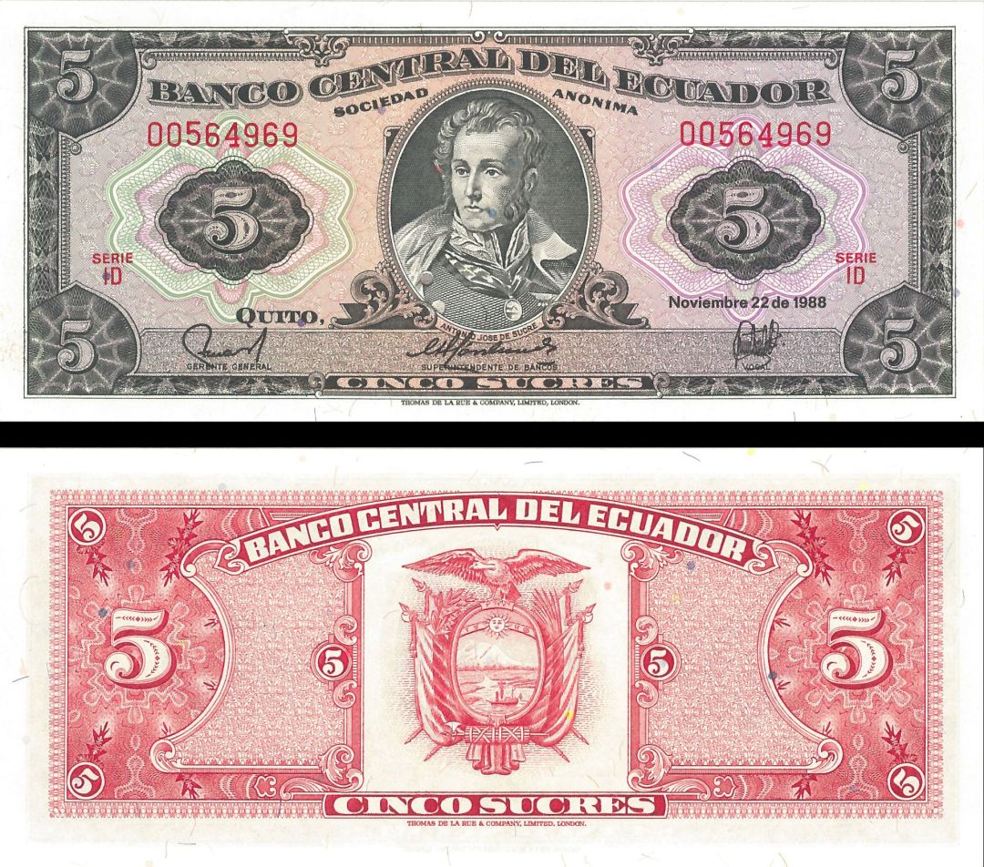 Ecuador - 5 Sucres - P-113d - 1988 dated Foreign Paper Money