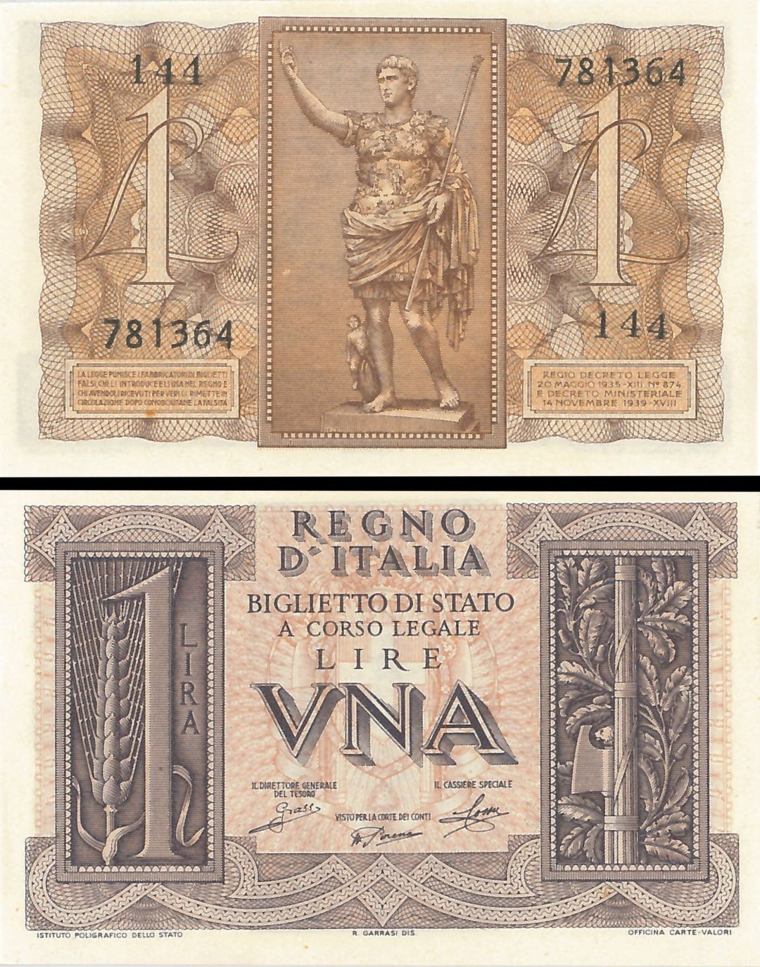Italy - 1 Italian Lire Banknote - P-26 - 1939 dated Foreign Paper Money