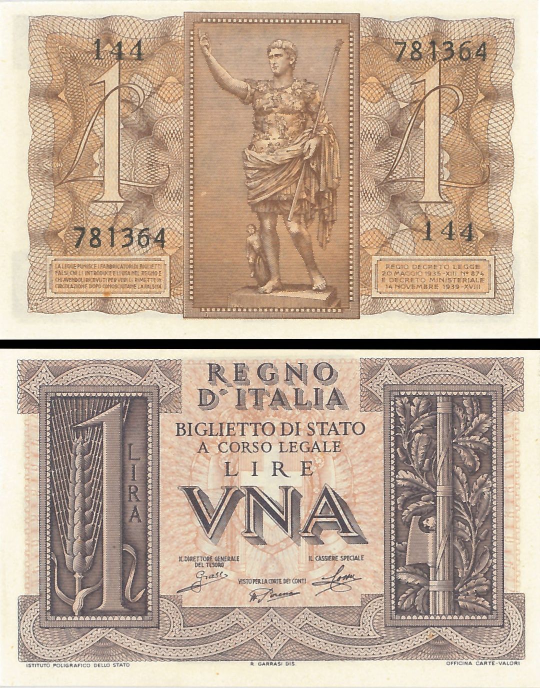 Italy - 1 Lire  - P-26 - 1939 dated Foreign Paper Money