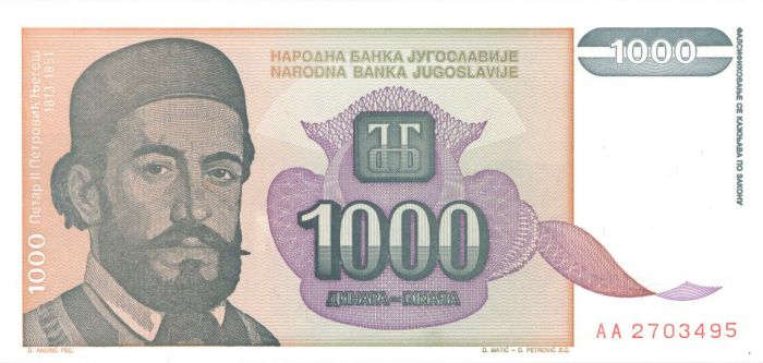 Yugoslavia - P-140 - 1,000 Dinara - Foreign Paper Money