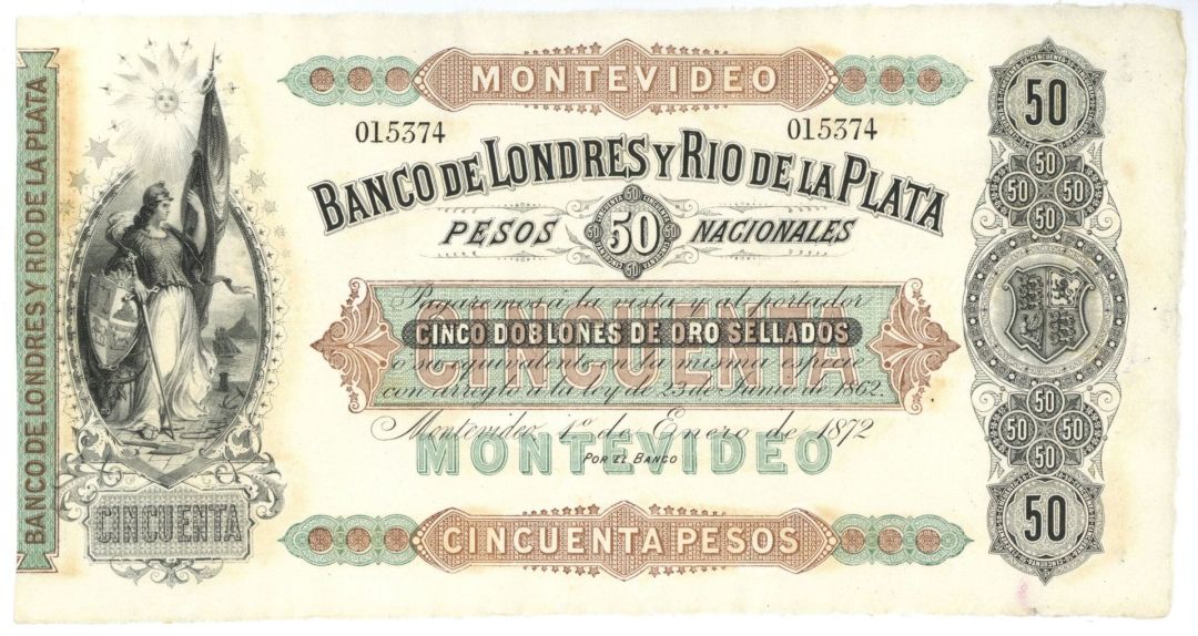 Uruguay - 50 Uruguayan Peso - P-S238r - 1872 dated Foreign Paper Money