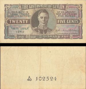 Ceylon - 25 Cents - P-44a - VF+ Condition - 1942 dated Foreign Paper Money