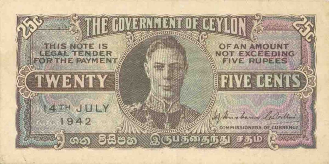 Ceylon - 25 Cents - P-44a - VF+ Condition - 1942 dated Foreign Paper Money
