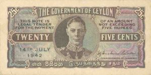 Ceylon - 25 Cents - P-44a - VF+ Condition - 1942 dated Foreign Paper Money