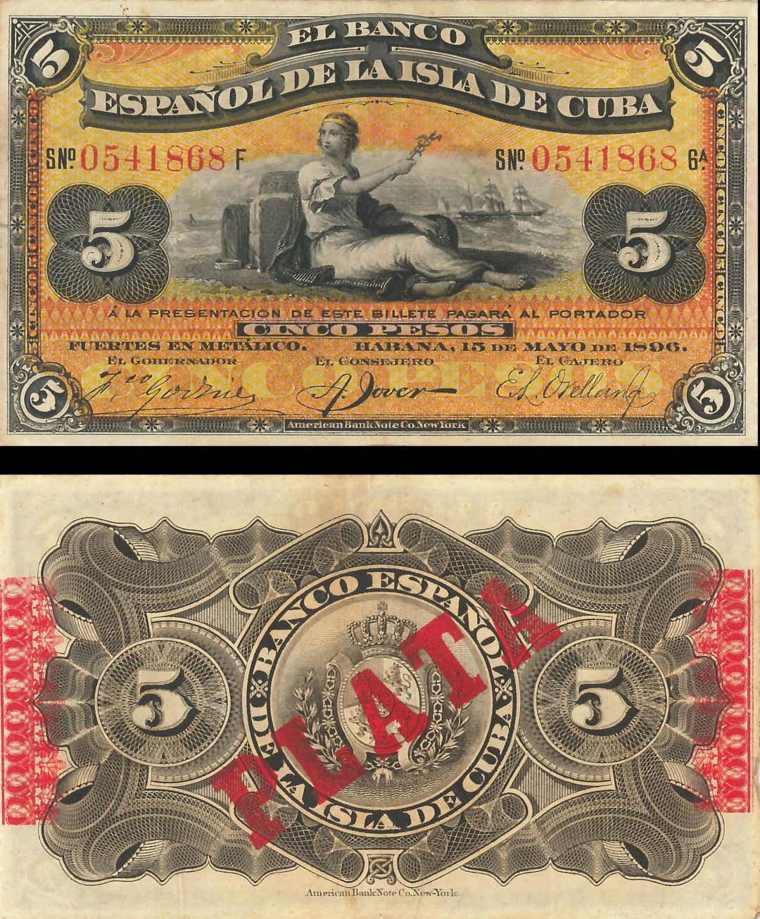 Cuba - 5 Pesos - P-48b -  1896 dated Foreign Paper Money