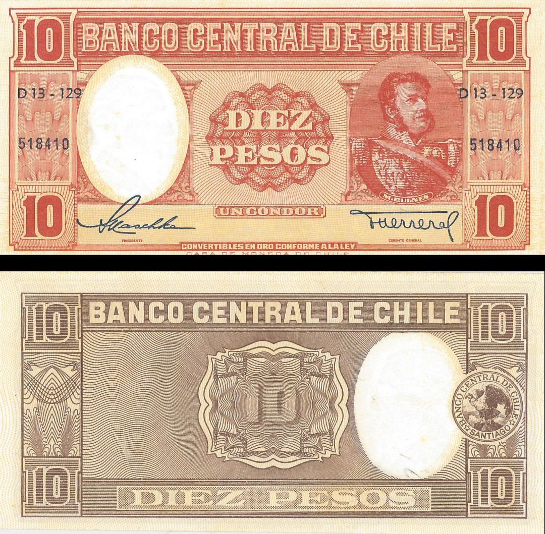 Chile - 10 Chilean Pesos - P-111 -  1947-58 dated Foreign Paper Money